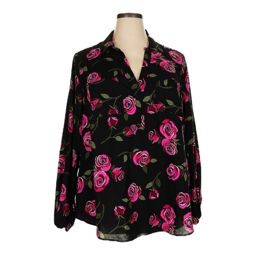 Torrid Harper Blouse 2X NWT Black Pink Rose Floral Challis Pullover Long Sleeve